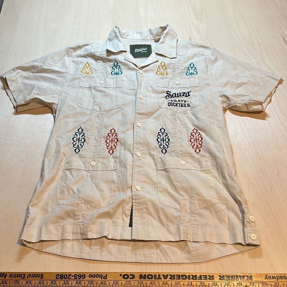 Howler Brothers Guayabera Cuban Shirt Embroidered S Tan Suaza Agave Cocktail